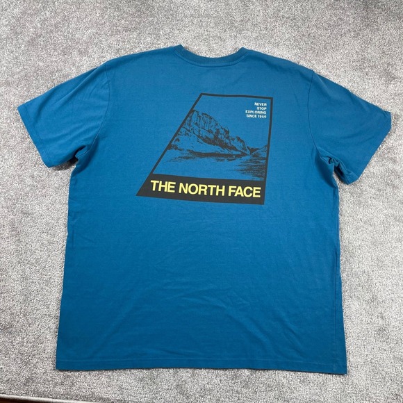 North Face T Shirt Mens XXL Mountain Exploring Cotton Blend Short Sleeve Blue - Picture 2 of 13